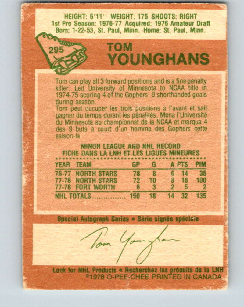 1978-79 O-Pee-Chee #295 Tom Younghans RC Rookie North Stars V25026