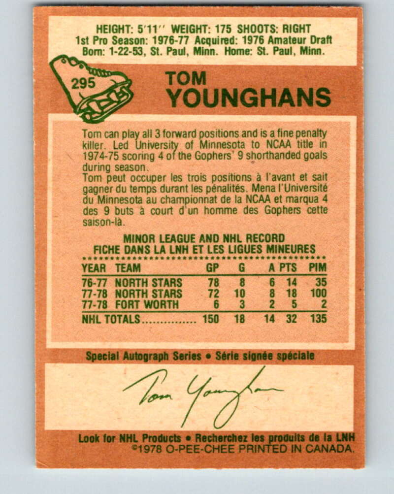 1978-79 O-Pee-Chee #295 Tom Younghans RC Rookie North Stars V25028