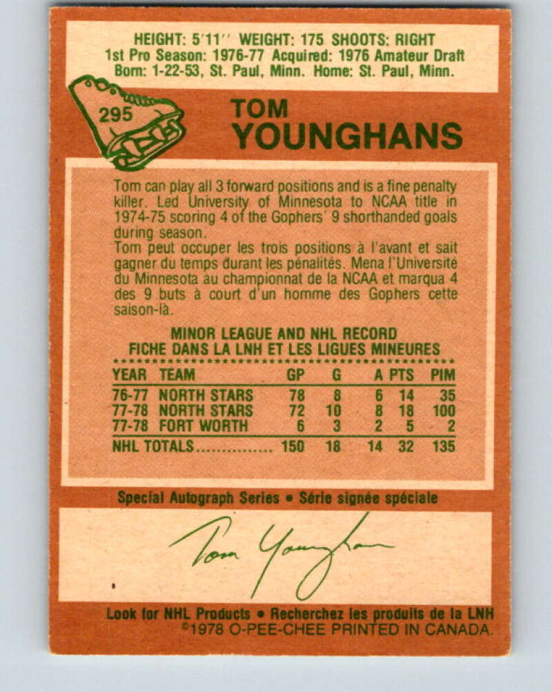 1978-79 O-Pee-Chee #295 Tom Younghans RC Rookie North Stars V25030