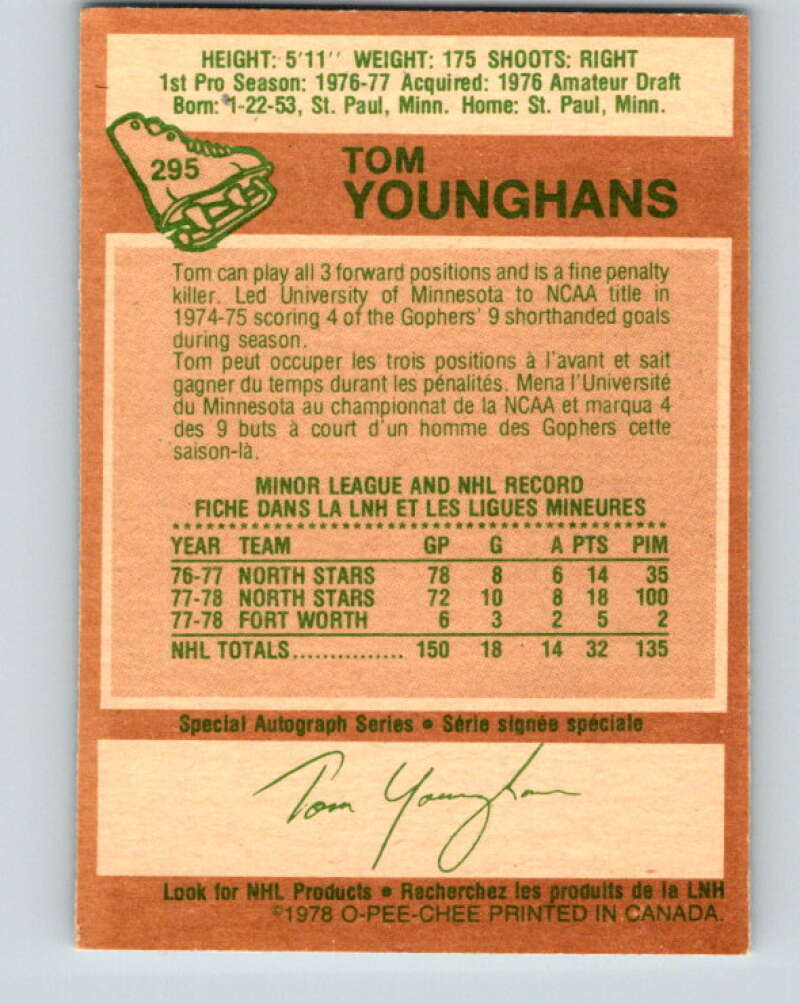 1978-79 O-Pee-Chee #295 Tom Younghans RC Rookie North Stars V25033