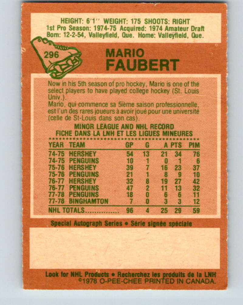 1978-79 O-Pee-Chee #296 Mario Faubert RC Rookie Penguins V25037