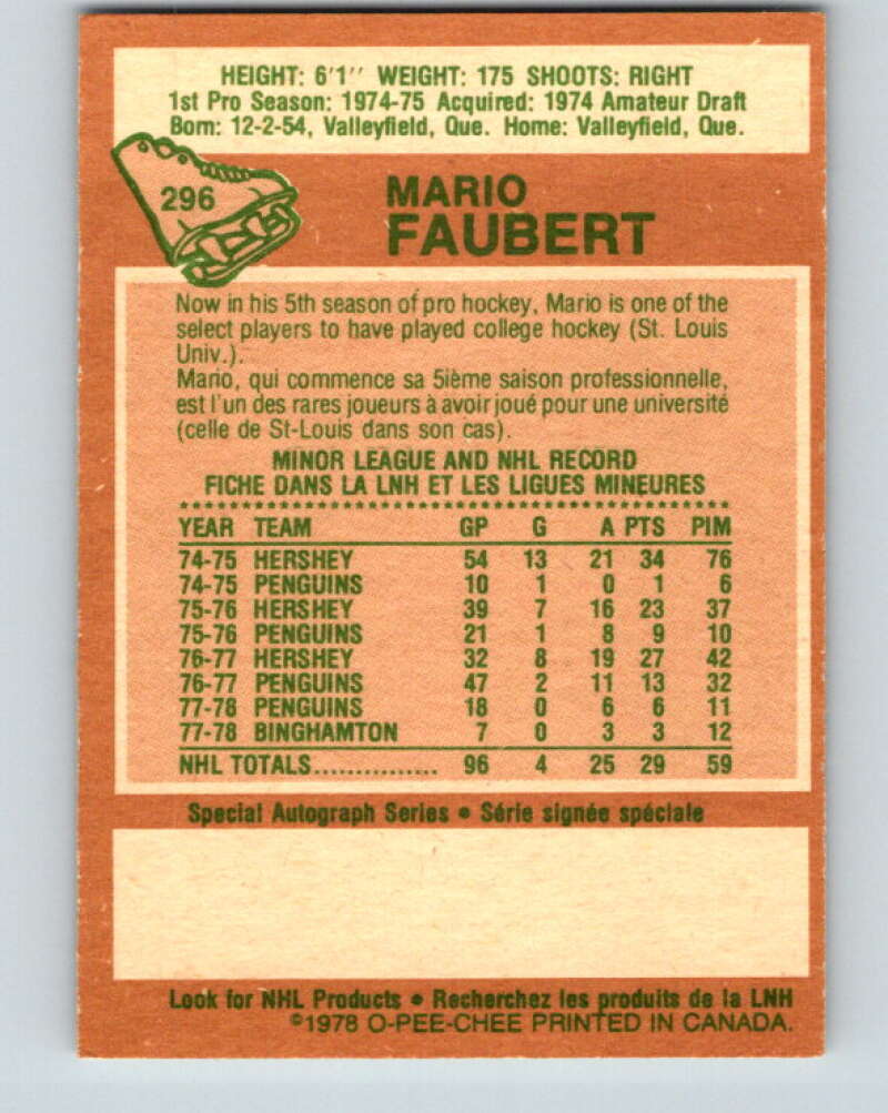 1978-79 O-Pee-Chee #296 Mario Faubert RC Rookie Penguins V25042