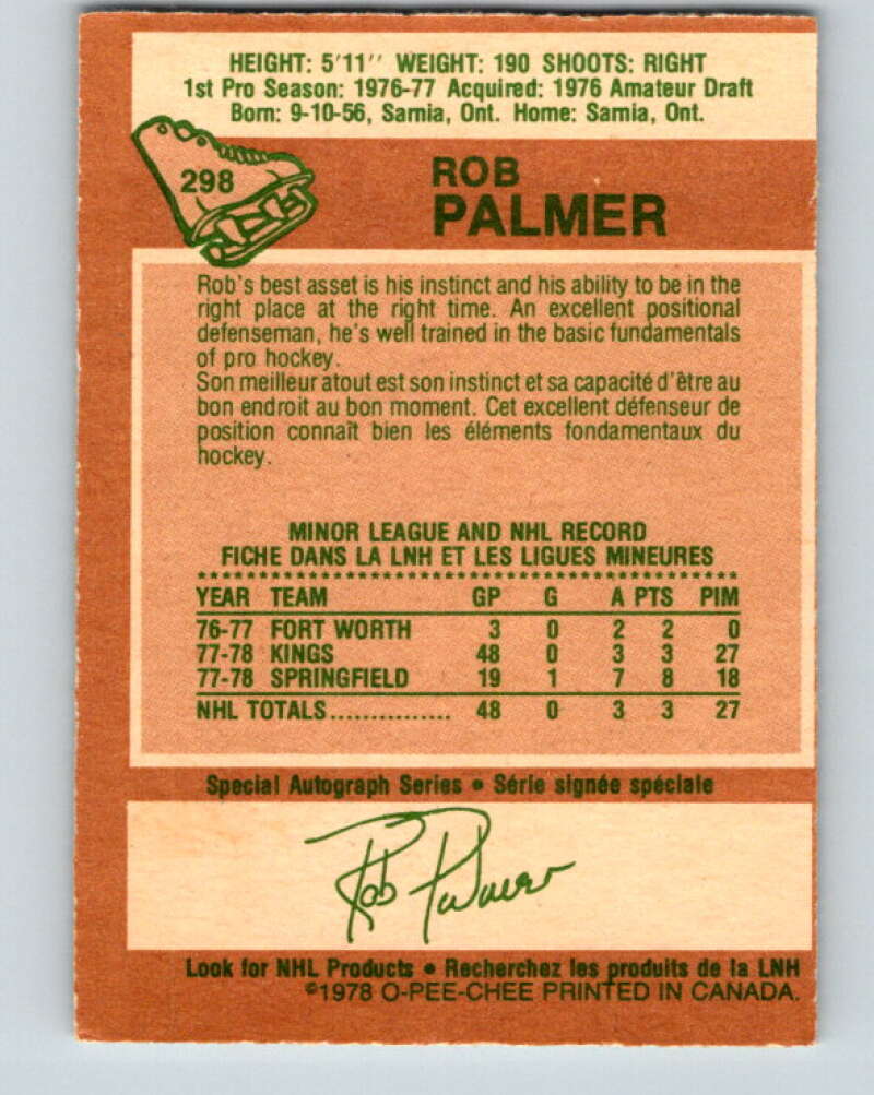 1978-79 O-Pee-Chee #298 Rob Palmer RC Rookie Kings V25053
