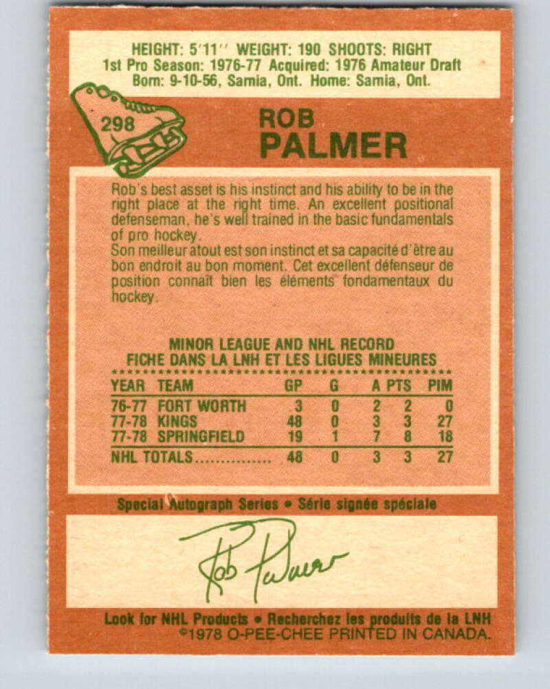 1978-79 O-Pee-Chee #298 Rob Palmer RC Rookie Kings V25054