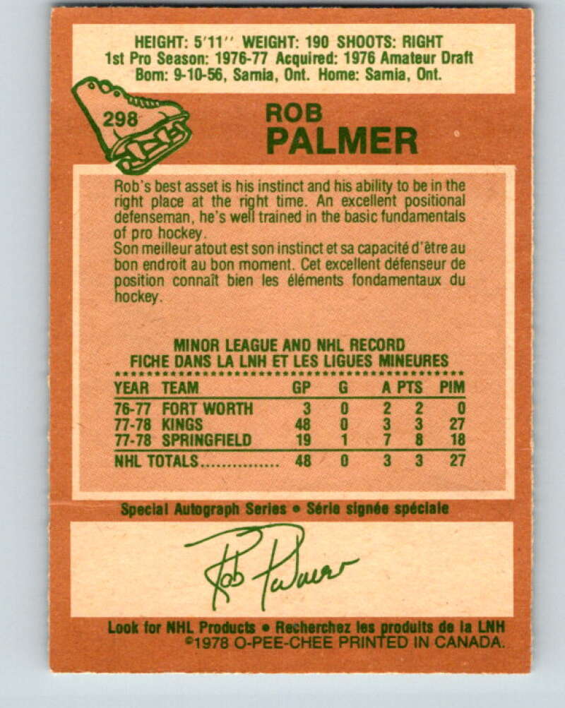 1978-79 O-Pee-Chee #298 Rob Palmer RC Rookie Kings V25058