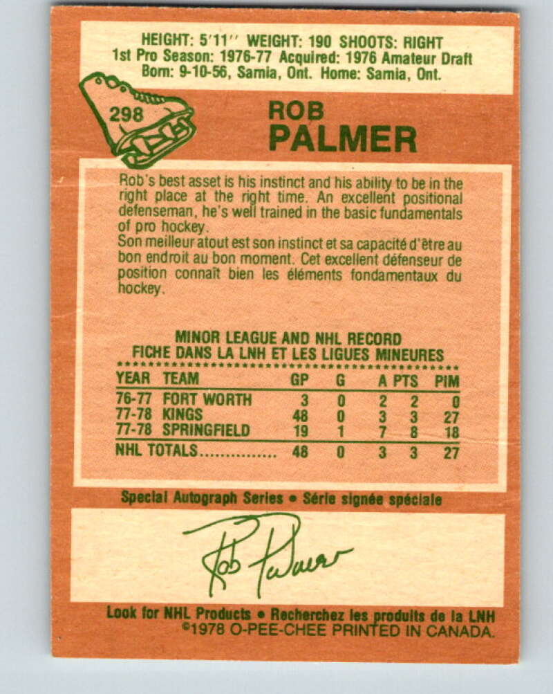 1978-79 O-Pee-Chee #298 Rob Palmer RC Rookie Kings V25061