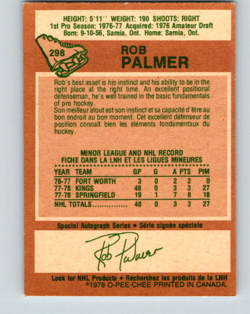 1978-79 O-Pee-Chee #298 Rob Palmer RC Rookie Kings V25062