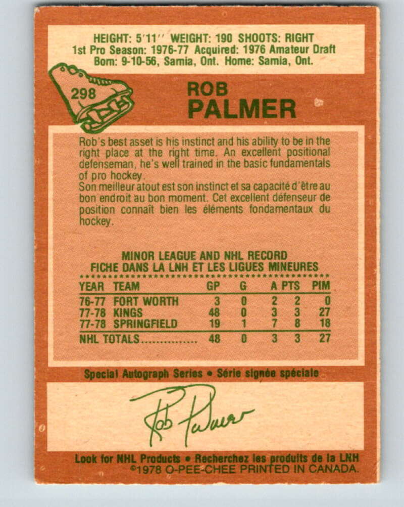 1978-79 O-Pee-Chee #298 Rob Palmer RC Rookie Kings V25065