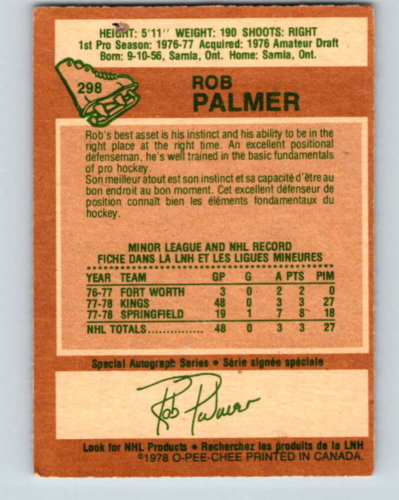 1978-79 O-Pee-Chee #298 Rob Palmer RC Rookie Kings V25066