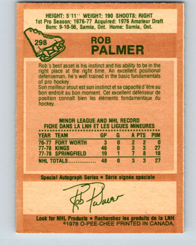 1978-79 O-Pee-Chee #298 Rob Palmer RC Rookie Kings V25068