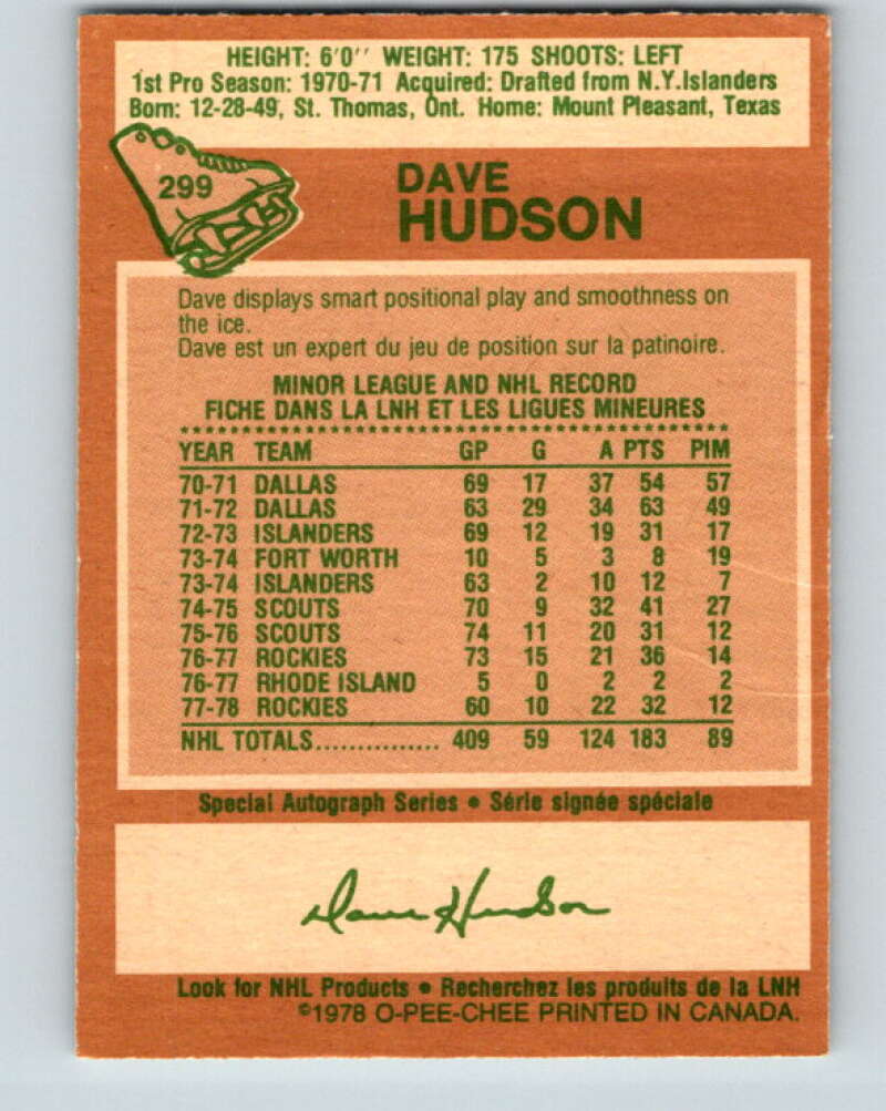 1978-79 O-Pee-Chee #299 Dave Hudson Colorado Rockies V25071