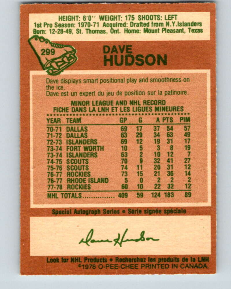 1978-79 O-Pee-Chee #299 Dave Hudson Colorado Rockies V25073