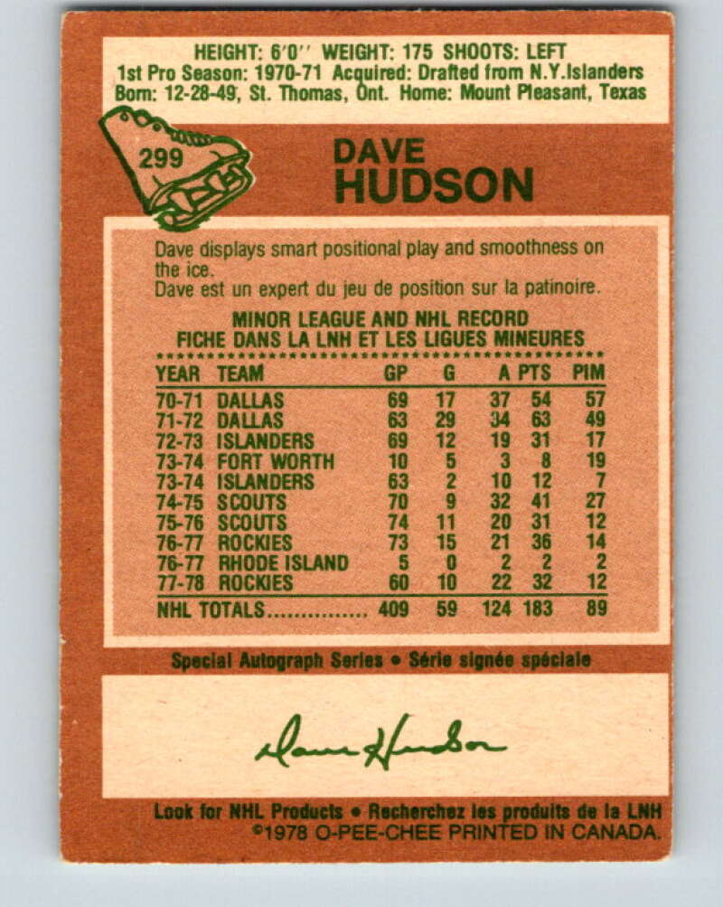 1978-79 O-Pee-Chee #299 Dave Hudson Colorado Rockies V25074