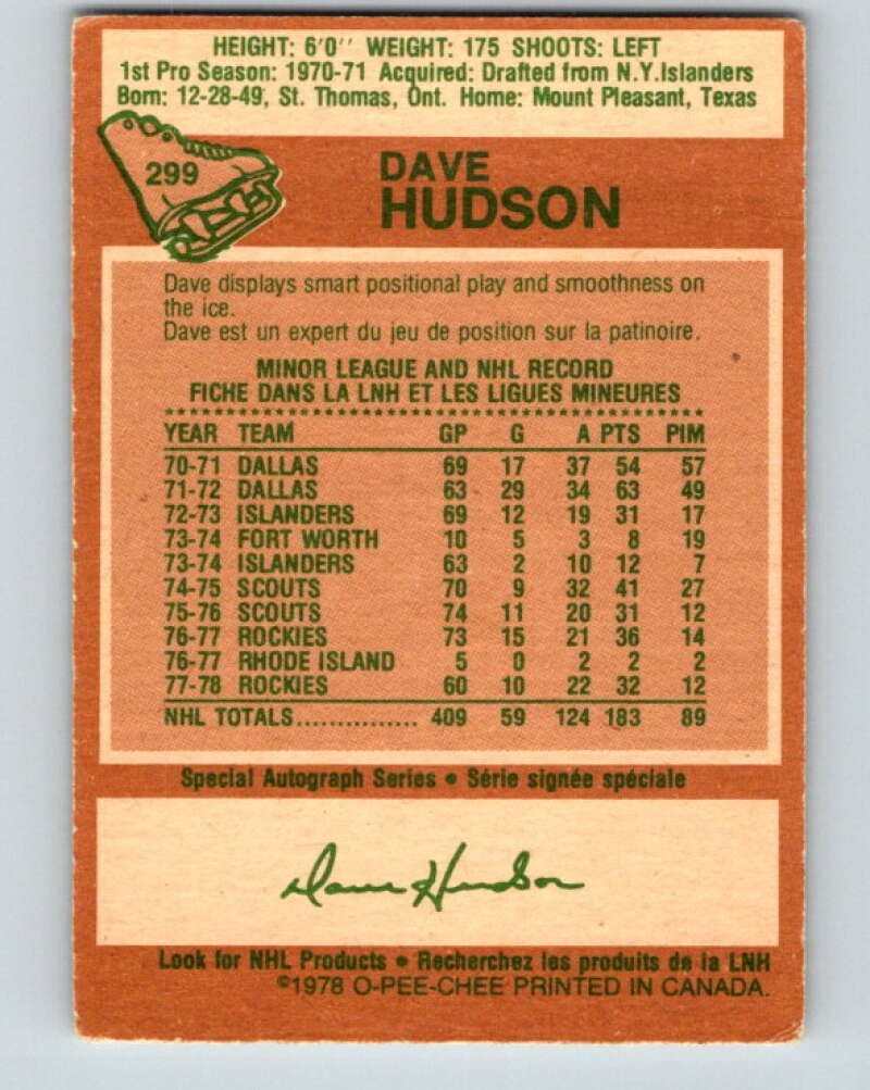 1978-79 O-Pee-Chee #299 Dave Hudson Colorado Rockies V25076