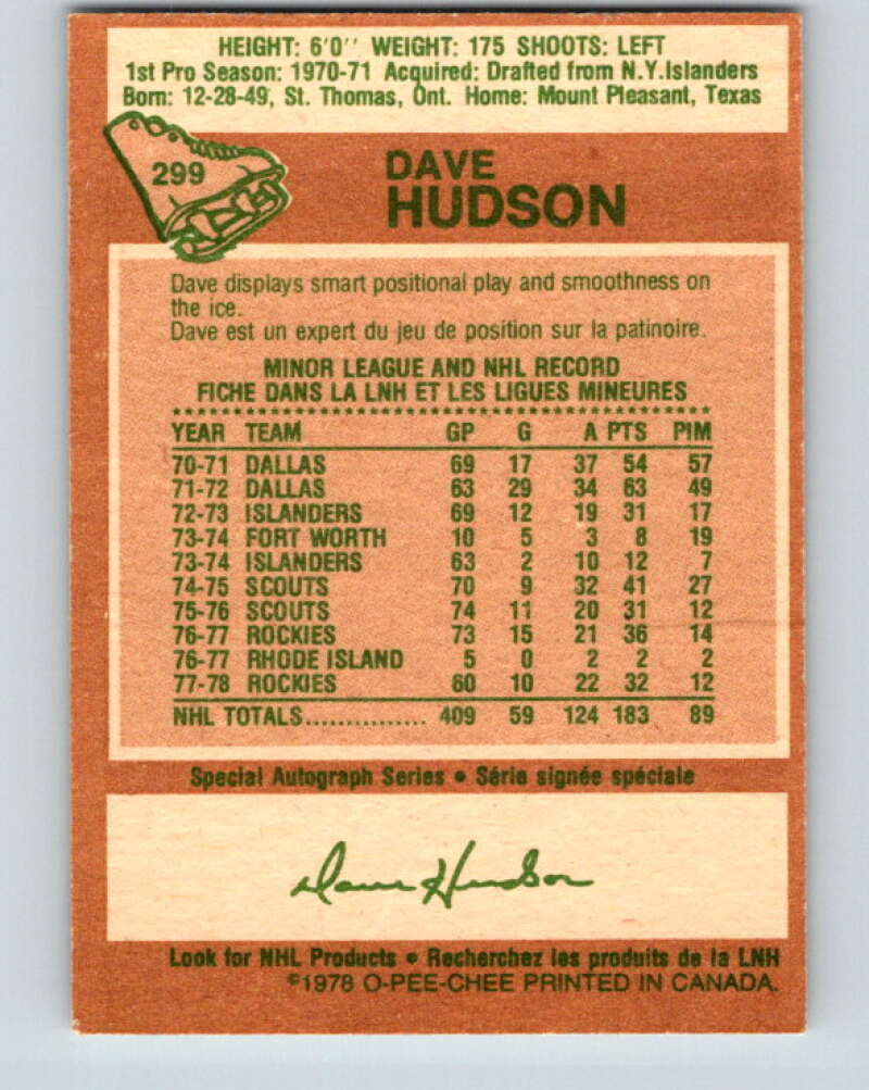 1978-79 O-Pee-Chee #299 Dave Hudson Colorado Rockies V25078
