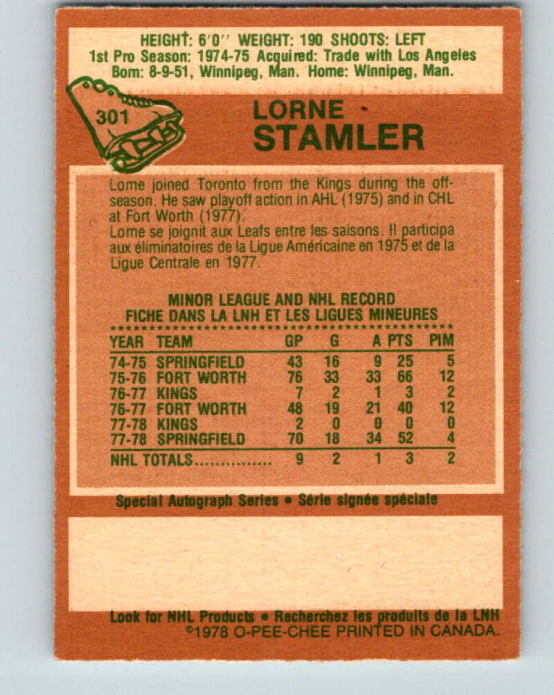 1978-79 O-Pee-Chee #301 Lorne Stamler RC Rookie Maple Leafs V25085