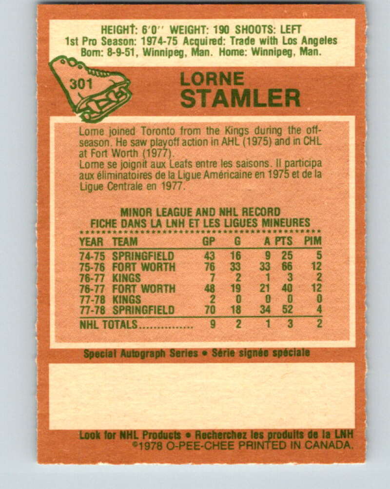 1978-79 O-Pee-Chee #301 Lorne Stamler RC Rookie Maple Leafs V25086