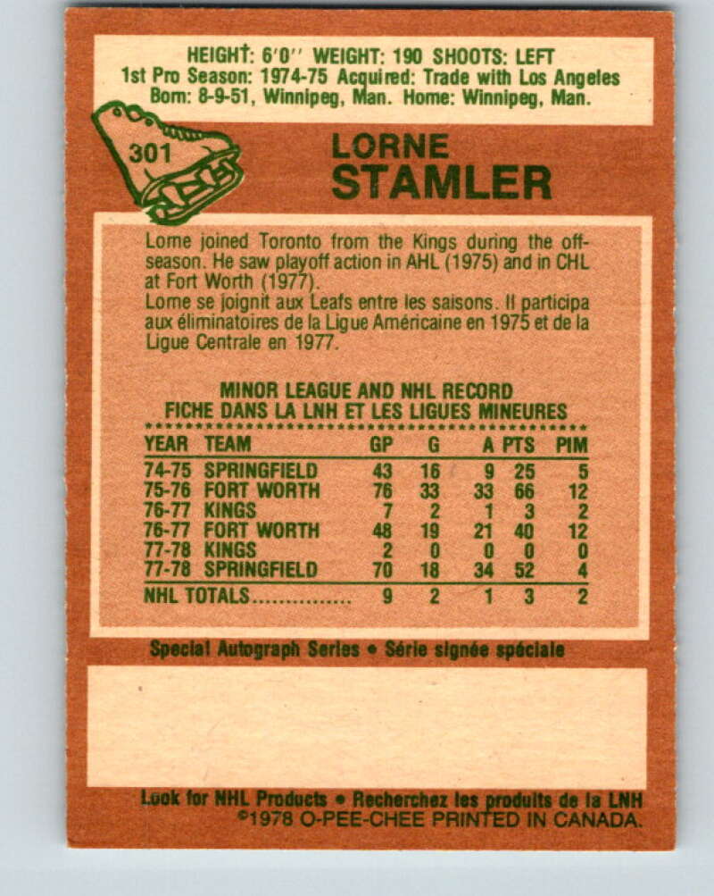 1978-79 O-Pee-Chee #301 Lorne Stamler RC Rookie Maple Leafs V25087