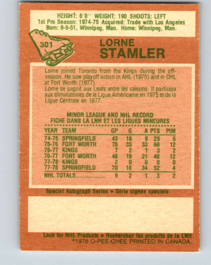 1978-79 O-Pee-Chee #301 Lorne Stamler RC Rookie Maple Leafs V25090