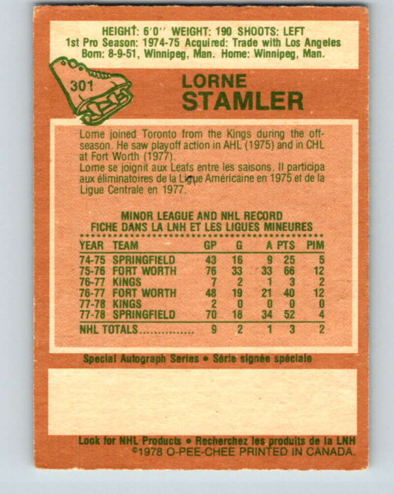 1978-79 O-Pee-Chee #301 Lorne Stamler RC Rookie Maple Leafs V25093