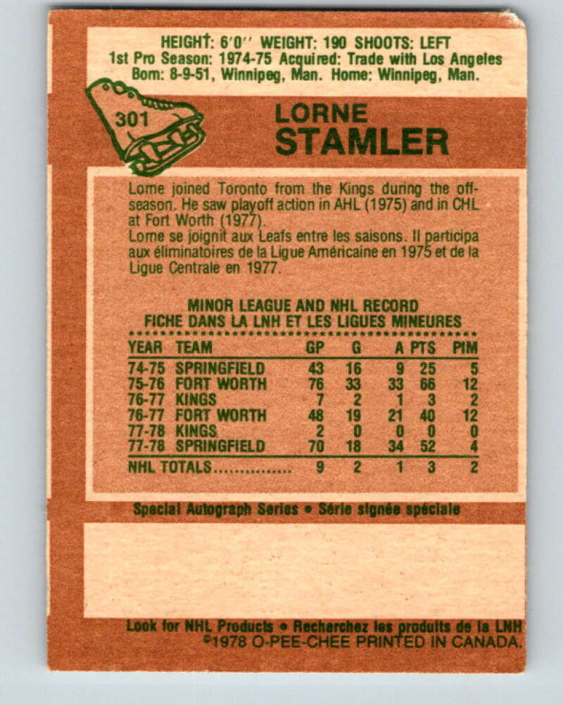 1978-79 O-Pee-Chee #301 Lorne Stamler RC Rookie Maple Leafs V25094