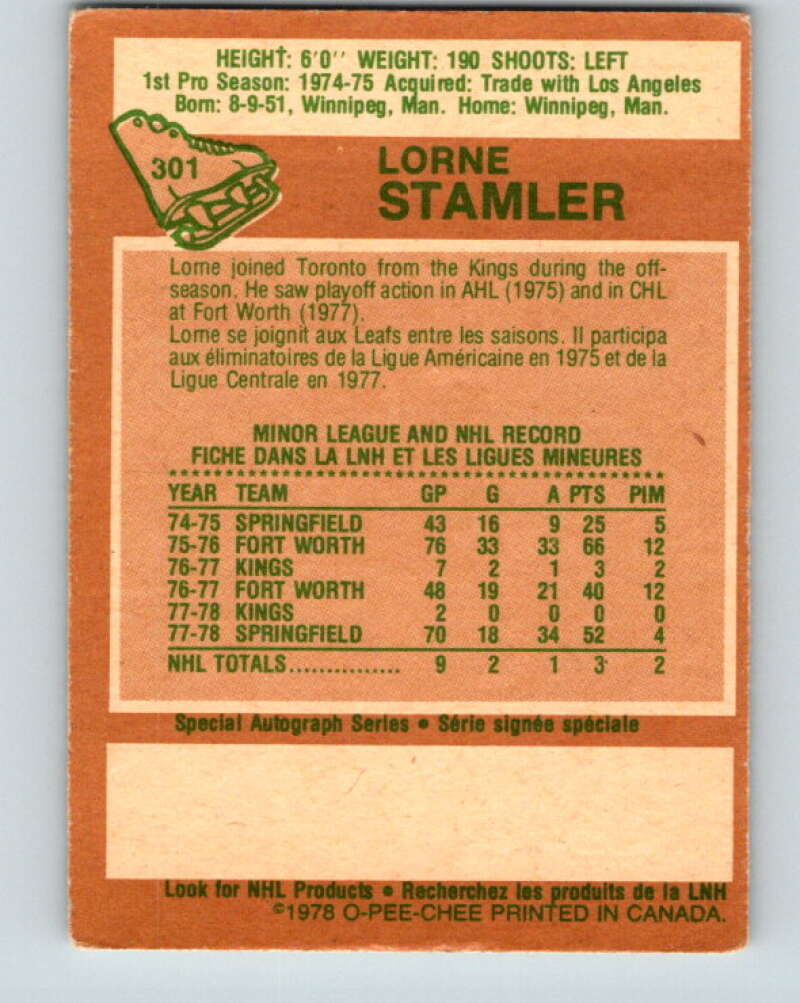 1978-79 O-Pee-Chee #301 Lorne Stamler RC Rookie Maple Leafs V25095