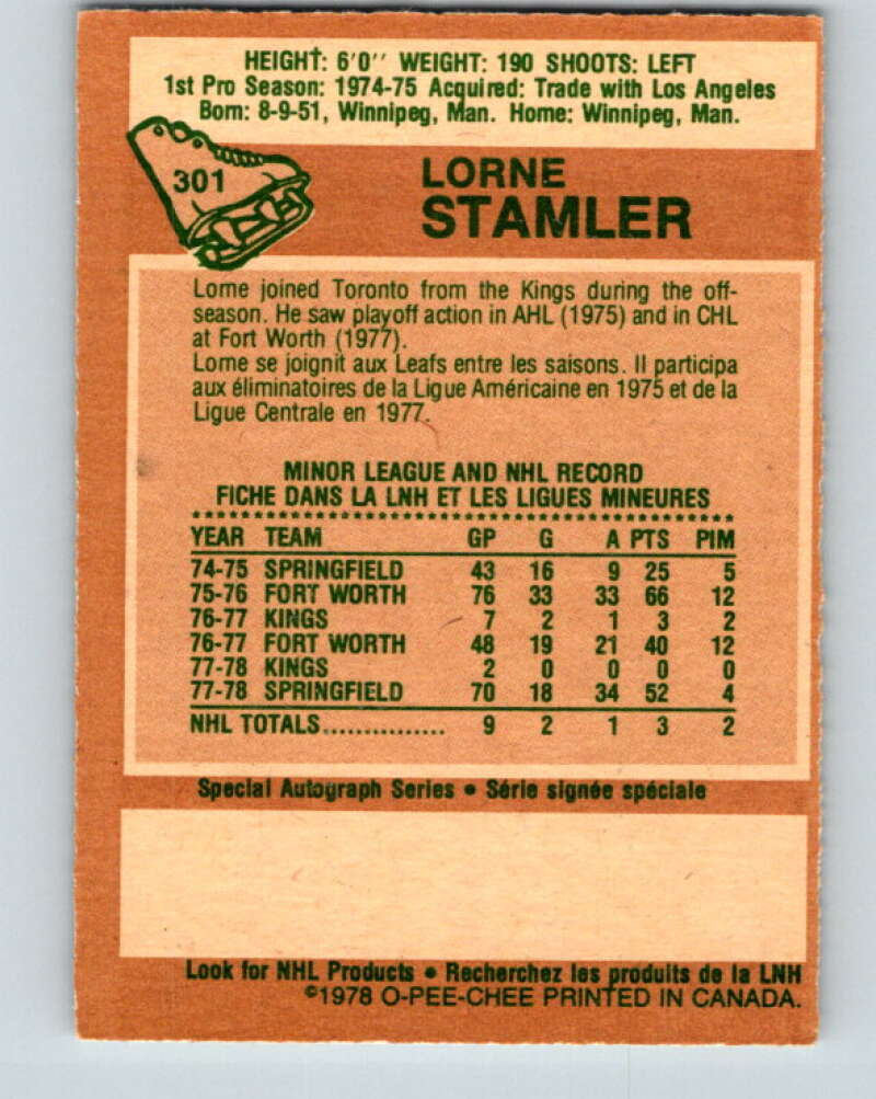 1978-79 O-Pee-Chee #301 Lorne Stamler RC Rookie Maple Leafs V25098