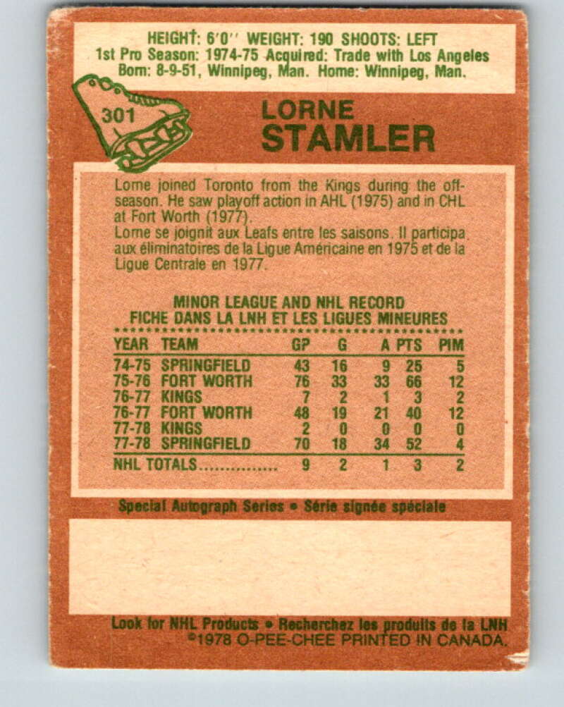 1978-79 O-Pee-Chee #301 Lorne Stamler RC Rookie Maple Leafs V25100