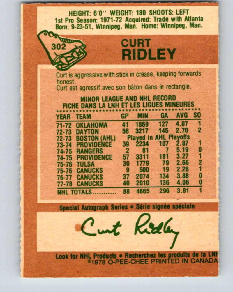 1978-79 O-Pee-Chee #302 Curt Ridley Vancouver Canucks V25102
