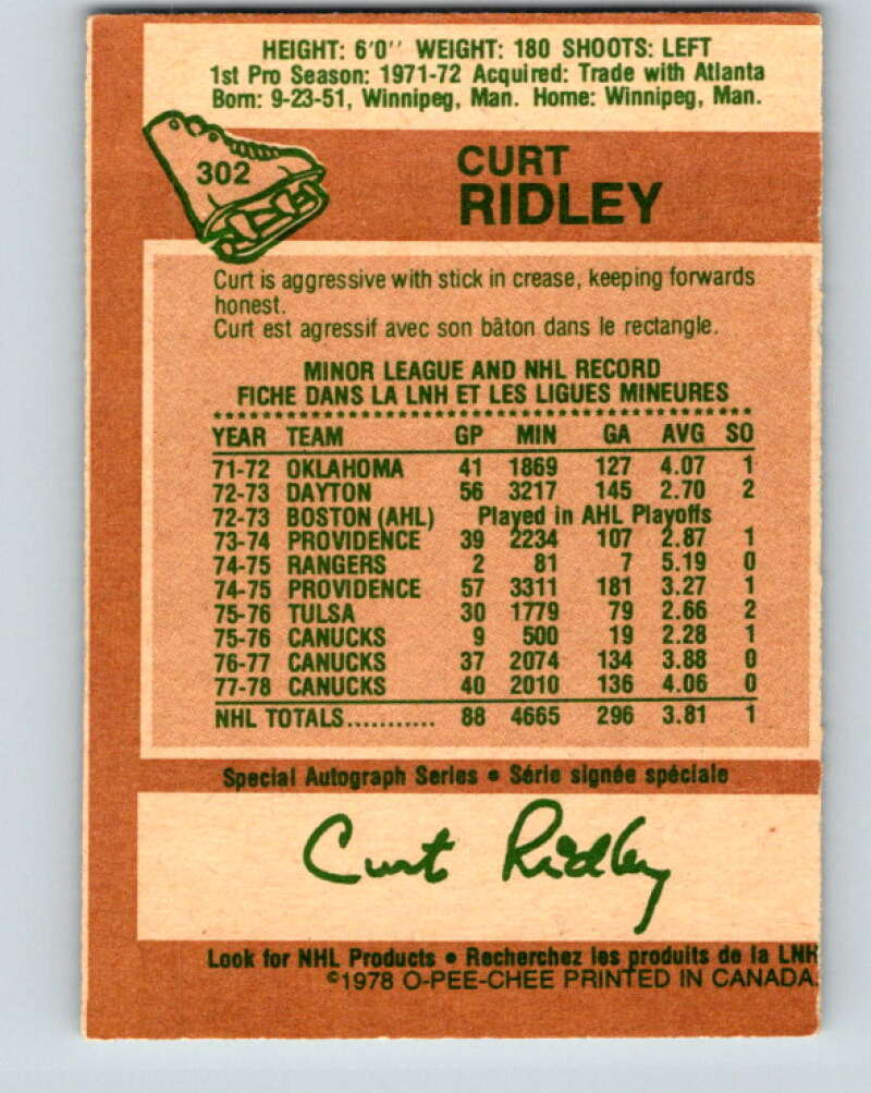 1978-79 O-Pee-Chee #302 Curt Ridley Vancouver Canucks V25104