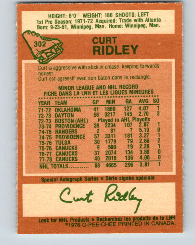 1978-79 O-Pee-Chee #302 Curt Ridley Vancouver Canucks V25107