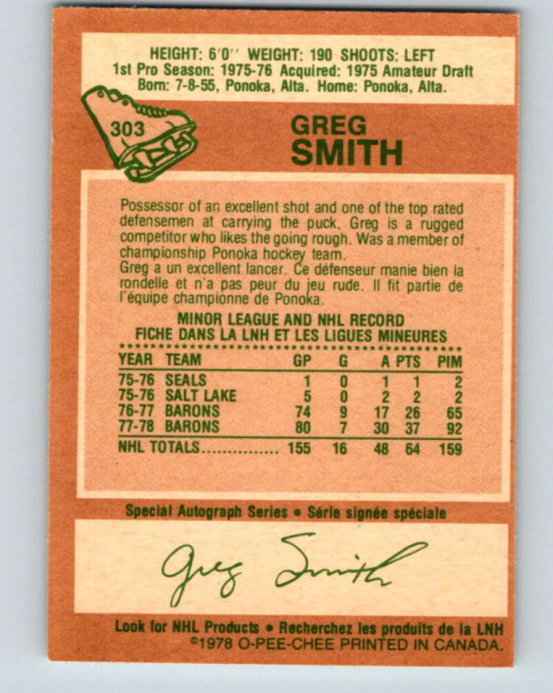 1978-79 O-Pee-Chee #303 Greg Smith Minnesota North Stars V25114