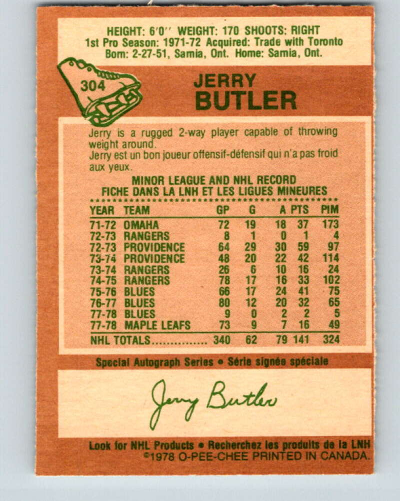 1978-79 O-Pee-Chee #304 Jerry Butler Toronto Maple Leafs V25128