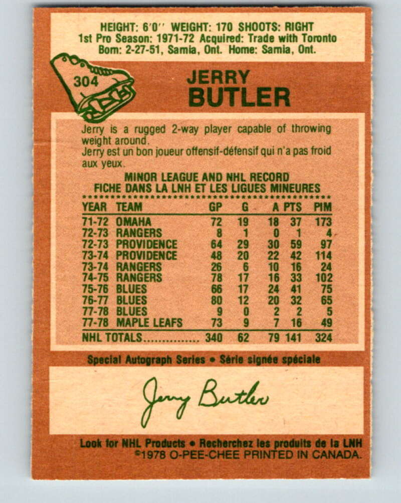 1978-79 O-Pee-Chee #304 Jerry Butler Toronto Maple Leafs V25129