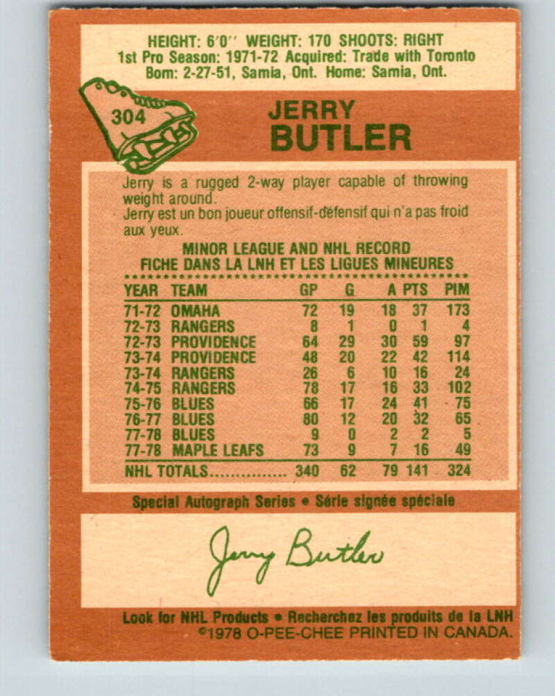 1978-79 O-Pee-Chee #304 Jerry Butler Toronto Maple Leafs V25130