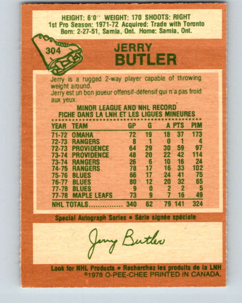 1978-79 O-Pee-Chee #304 Jerry Butler Toronto Maple Leafs V25131