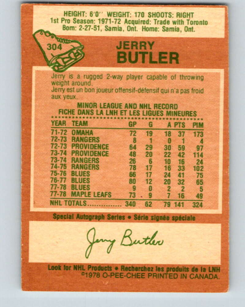 1978-79 O-Pee-Chee #304 Jerry Butler Toronto Maple Leafs V25133