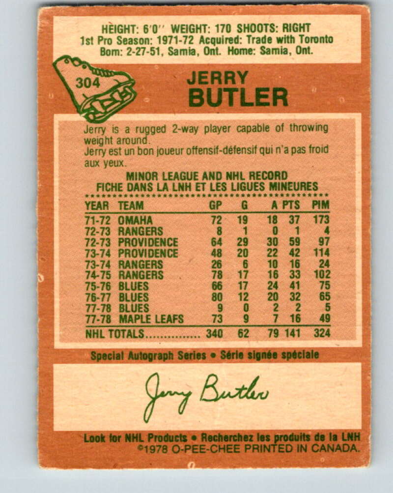 1978-79 O-Pee-Chee #304 Jerry Butler Toronto Maple Leafs V25134