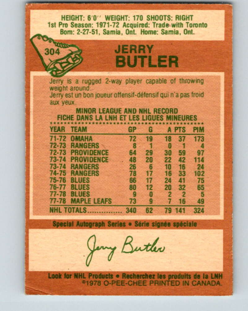 1978-79 O-Pee-Chee #304 Jerry Butler Toronto Maple Leafs V25135