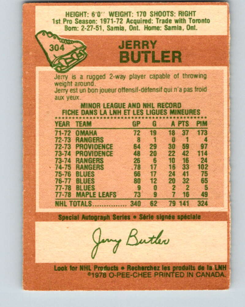 1978-79 O-Pee-Chee #304 Jerry Butler Toronto Maple Leafs V25136