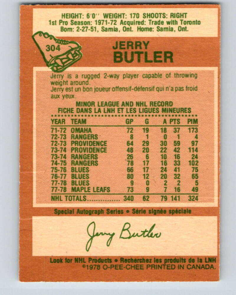 1978-79 O-Pee-Chee #304 Jerry Butler Toronto Maple Leafs V25137