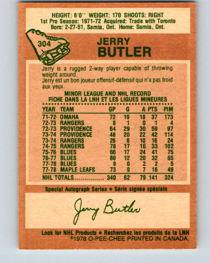 1978-79 O-Pee-Chee #304 Jerry Butler Toronto Maple Leafs V25138