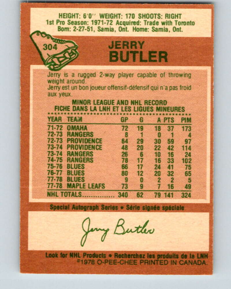 1978-79 O-Pee-Chee #304 Jerry Butler Toronto Maple Leafs V25139