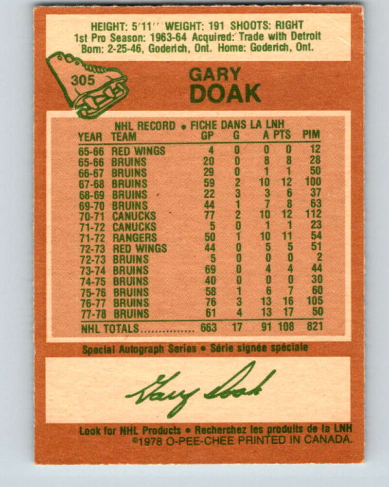 1978-79 O-Pee-Chee #305 Gary Doak Boston Bruins V25143