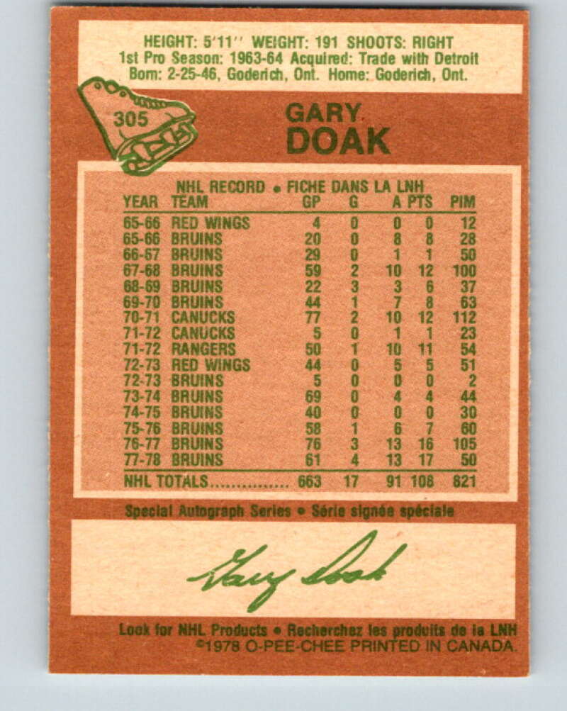 1978-79 O-Pee-Chee #305 Gary Doak Boston Bruins V25144