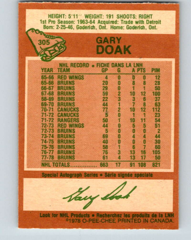 1978-79 O-Pee-Chee #305 Gary Doak Boston Bruins V25147