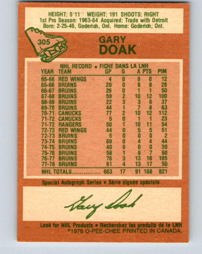 1978-79 O-Pee-Chee #305 Gary Doak Boston Bruins V25148