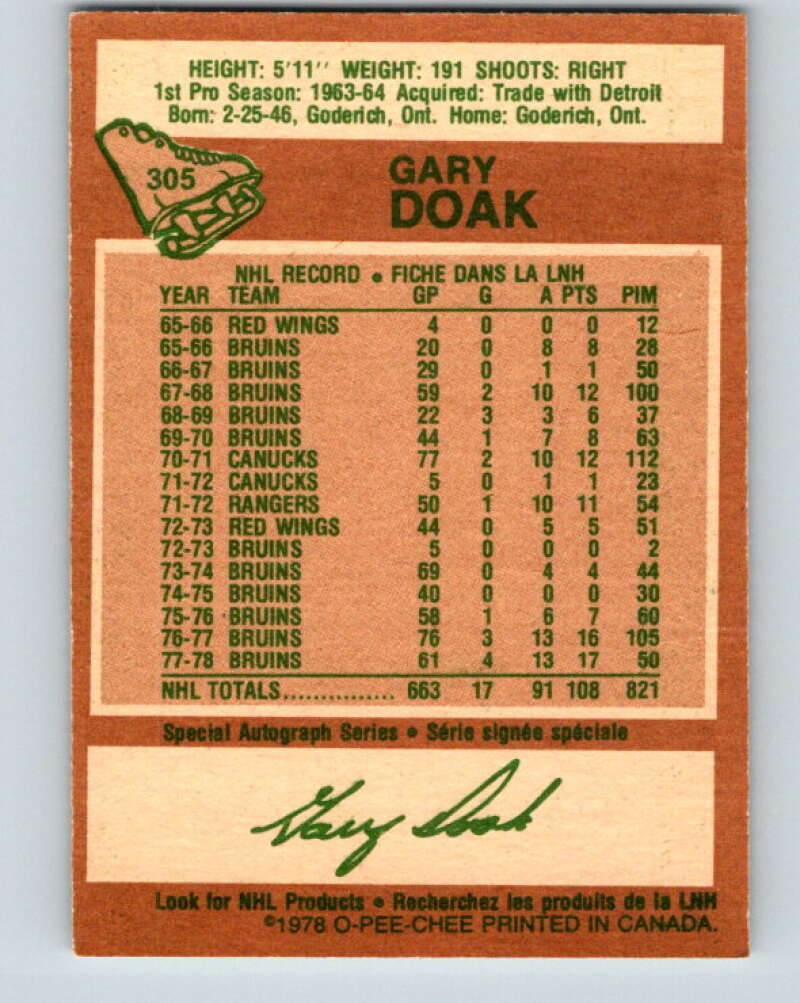 1978-79 O-Pee-Chee #305 Gary Doak Boston Bruins V25149