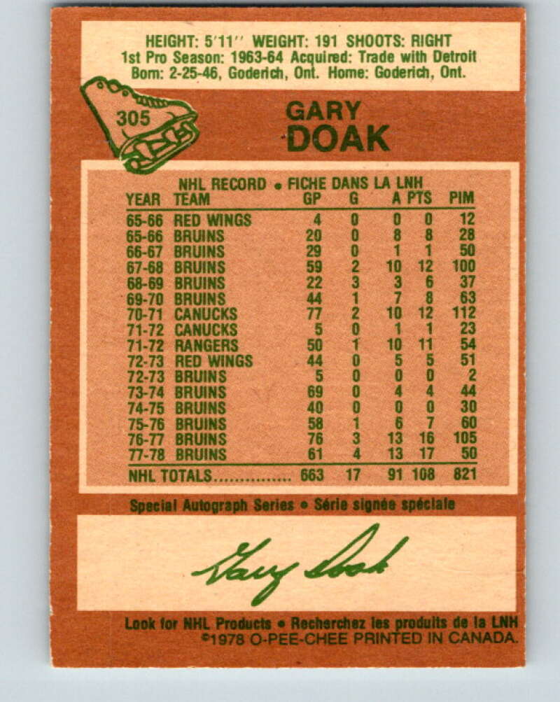 1978-79 O-Pee-Chee #305 Gary Doak Boston Bruins V25153