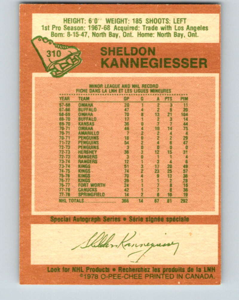 1978-79 O-Pee-Chee #310 Sheldon Kannegiesser Canucks V25222